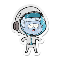 distressed sticker of a cartoon tired astronaut
