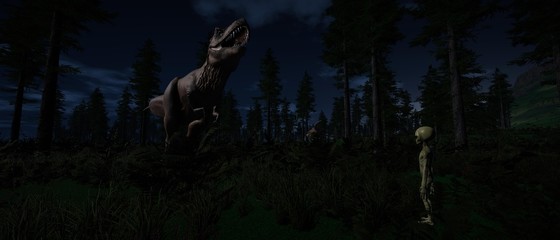 Extremely detailed and realistic high resolution 3d illustration of a Grey Alien visiting Earth while Dinosaurs where alive © Sasa Kadrijevic