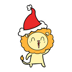 laughing lion line drawing of a wearing santa hat