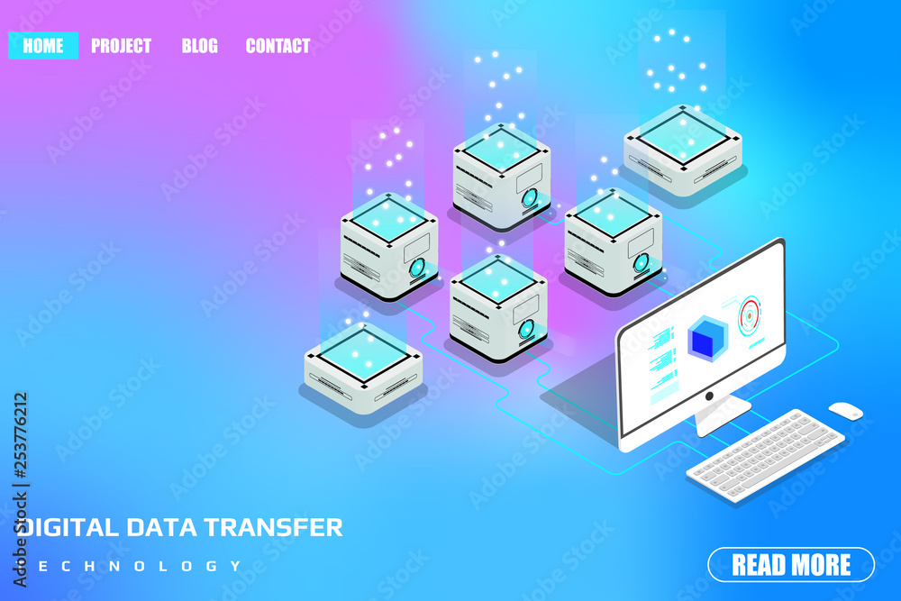 Poster technology futuristic desktop data security protection transfer. abstract sci fi isometric elements 