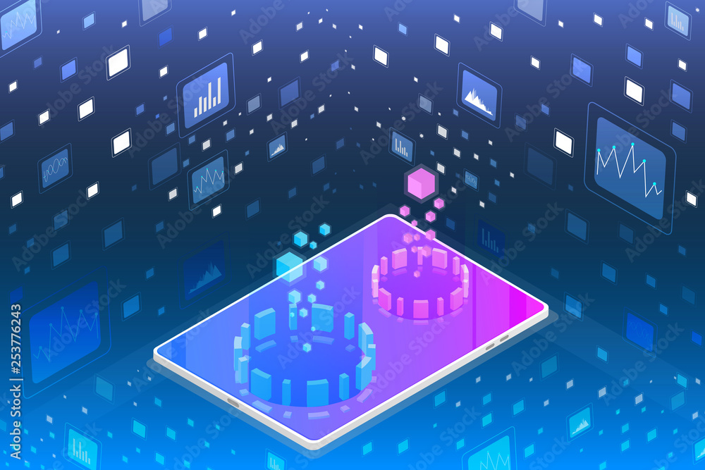 Aufkleber Futuristic Isometric Element Cyber Security Data Storage Vector Background. Big Decentralized Network Cyberspace 3d Scifi Technology Concept Design Illustration.