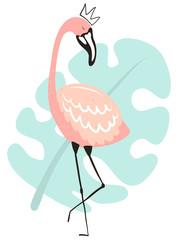 Obraz premium Vector tropical illustration of a flamingo in the crown on the blue monstera leaf background. Hand-drawn summer poster for kids, holidays, clothes, decor, textile, fabric, cards, baby