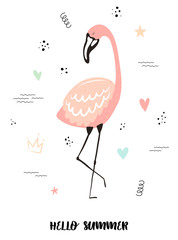 Vector tropical illustration of a cute flamingo with hearts, stars, dots, waves. Hand-drawn exotic poster for kids, holidays, clothes, decor, textile, fabric, cards. Hello summer