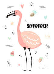Vector tropical illustration of a flamingo with strawberry, pineapple, watermelon, hearts, stars. Summer hand-drawn exotic poster for kids, holidays, clothes, decor, textile, fabric, cards