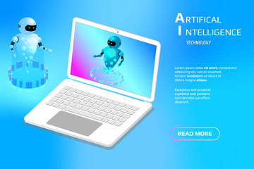 Artificial Intelligence Mobile Device Industry Machine Solution Learning Vector For Landing Page UI App. Isometric Futuristic Scifi Gradient Smart Nano Robot Element Illustration.