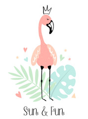 Vector tropical illustration of a flamingo in the crown with monstera, leaf, hearts, stars. Hand-drawn summer exotic poster for kids, holidays, clothes, decor, textile, fabric, card. Sun and Fun
