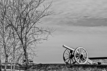 Fototapeta na wymiar Old cannon, with wooden wheels, from the 19th century, next to a leafless tree, Quebec, Canada