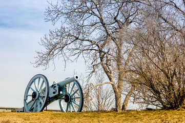 Old cannon, with wooden wheels, from the 19th century, next to a leafless tree, Quebec, Canada