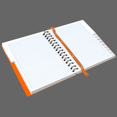 Vector. Isolated notebook with metal spiral. Notepad with the alphabet and bookmark.