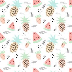 Seamless tropical pattern with pineapple, watermelon, strawberry. Vector summer illustration of a flamingo for kids, textiles, background, nursery, birthday, shower, paper, clothes, gift