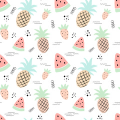 Seamless tropical pattern with pineapple, watermelon, strawberry. Vector summer illustration of a flamingo for kids, textiles, background, nursery, birthday, shower, paper, clothes, gift