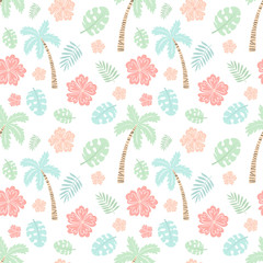 Fototapeta na wymiar Seamless tropical pattern with palm, leaves, monstera, hibiscus. Vector summer illustration of a flamingo for kids, textiles, background, nursery, birthday, shower, paper, clothes, gift, fabric