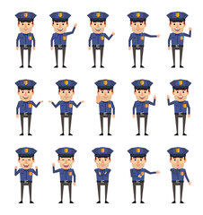 Set of policeman characters showing various hand gestures. Funny police officer pointing, greeting, showing thumb up, stop hand and other gestures. Flat design vector illustration