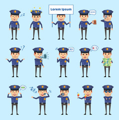 Set of policeman characters showing various actions and emotions. Funny policeman singing, sleeping, dazed, holding loudspeaker and showing other actions. Flat design vector illustration