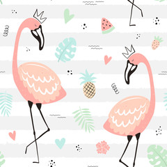 Seamless tropical striped pattern with cute flamingos in the crown, leaf, pineapple, watermelon, strawberry. Vector summer illustration of a flamingo for kids, textiles, background, nursery, birthday