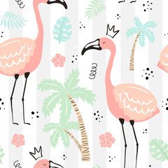 Seamless tropical striped pattern with flamingos in the crown, palm, leaves, hibiscus. Vector summer illustration of a flamingo for kids, textiles, background, nursery, birthday, clothes, shower, gift