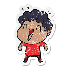 distressed sticker of a cartoon happy man
