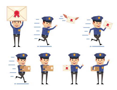 Set of funny policeman characters posing with letter and parcel. Cheerful police officer holding letter, package, running and showing other actions. Flat style vector illustration