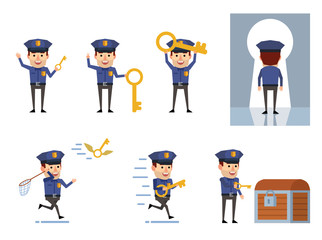 Set of policeman characters posing with keys. Cheerful police officer holding giant golden key, opening chest and showing other actions. Flat style vector illustration