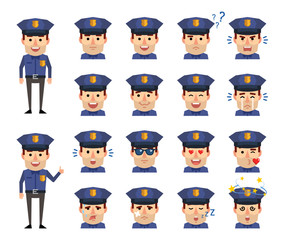 Set of policeman emoticons showing diverse facial expressions. Happy, sad, angry, cry, surprised, tired, dazed, in love and other emotions. Flat design vector illustration