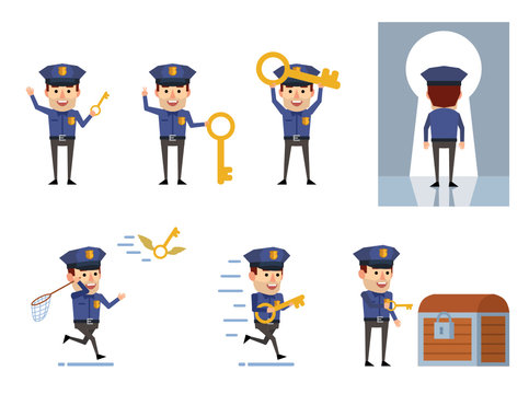Set of policeman characters posing with keys. Cheerful police officer holding giant golden key, opening chest and showing other actions. Flat style vector illustration
