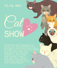 Cats show invitation card grooming or veterinary feline flyer vector illustration. Cute kitten pet poster. Funny animal studio. Lovely friendship advertisement pussy cat character.