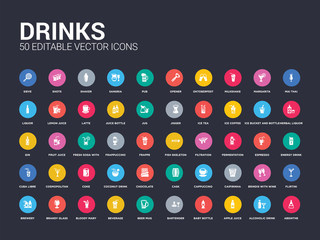 50 drinks set icons such as absinthe, alcoholic drink, apple juice, baby bottle, bartender, beer mug, beverage, bloody mary, brandy glass. simple modern isolated vector icons can be use for web