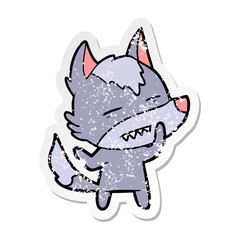 distressed sticker of a cartoon wolf showing teeth