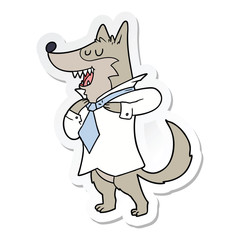sticker of a cartoon office wolf getting dressed