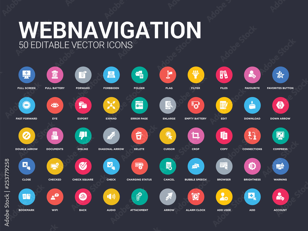 Poster 50 webnavigation set icons such as account, add, add user, alarm clock, arrow, attachment, audio, ba