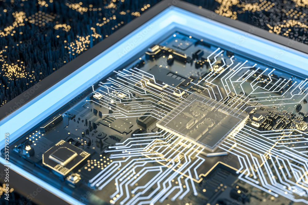 Poster golden glowing circuit components, 3d rendering