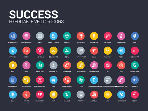50 success set icons such as accept, achievement, aim, approval, attitude, balance, best, brainstorm, budget. simple modern isolated vector icons can be use for web mobile