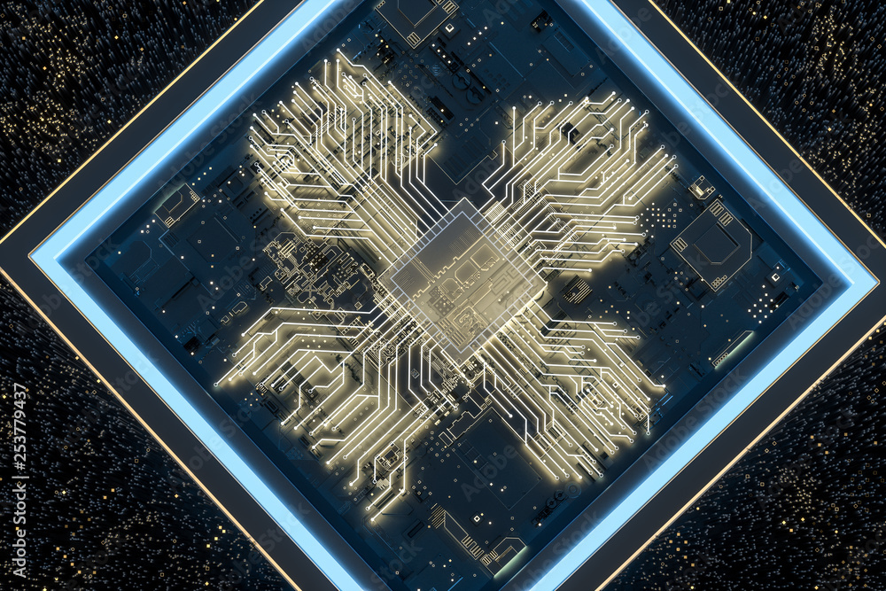 Poster golden glowing circuit components, 3d rendering