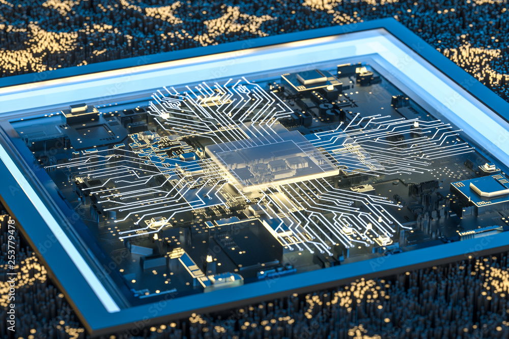 Poster golden glowing circuit components, 3d rendering