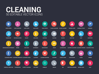 50 cleaning set icons such as acid, baking soda, bathtub cleaning, bin, broom, bubbles, car wash, carpet cleaning, charwoman. simple modern isolated vector icons can be use for web mobile