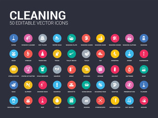 50 cleaning set icons such as hoover, hot water, housekeeping, hygroscopic, ironing, laundry, liquid, mop, neat. simple modern isolated vector icons can be use for web mobile