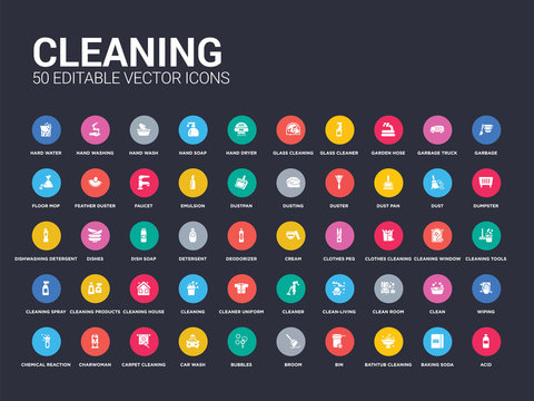 50 Cleaning Set Icons Such As Acid, Baking Soda, Bathtub Cleaning, Bin, Broom, Bubbles, Car Wash, Carpet Cleaning, Charwoman. Simple Modern Isolated Vector Icons Can Be Use For Web Mobile