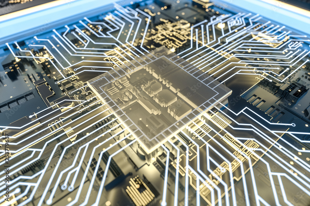 Poster golden glowing circuit components, 3d rendering
