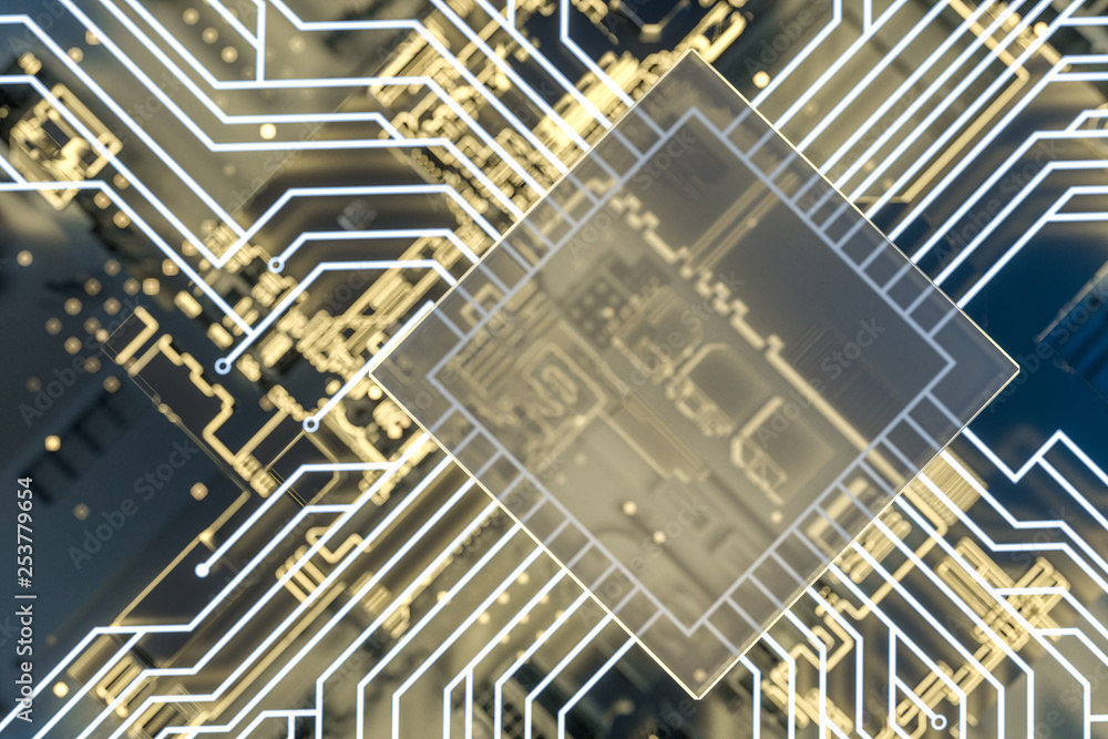 Poster golden glowing circuit components, 3d rendering