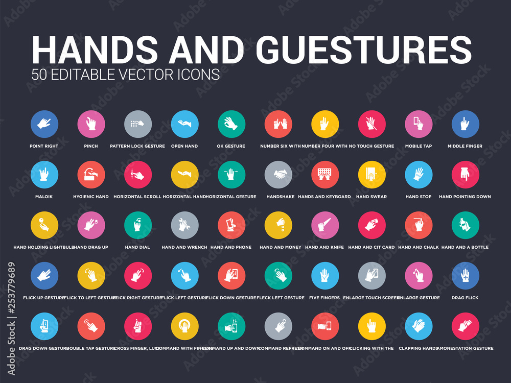Poster 50 hands and guestures set icons such as amonestation gesture, clapping hands, clicking with the lef