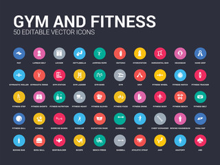 50 gym and fitness set icons such as abs, anatomy, arm, athletic strap, barbell, bench press, biceps, bodybuilder, bosu ball. simple modern isolated vector icons can be use for web mobile - obrazy, fototapety, plakaty