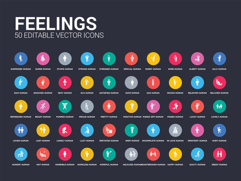 50 feelings set icons such as great human, guilty human, happy human, heartbroken helpless hopeful hopeless horrible hot simple modern isolated vector icons can be use for web mobile