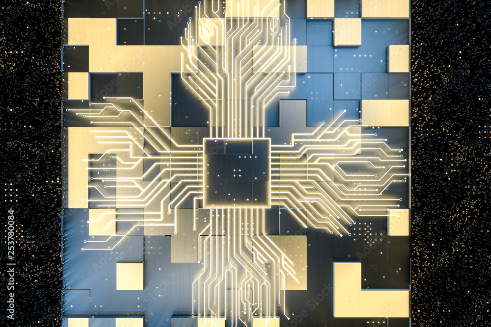 Poster golden glowing circuit components, 3d rendering