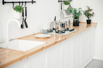 Bright kitchen with wooden top