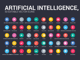 50 artificial intelligence, set icons such as 360 degrees, ai, ai brain, ai grid, ar camera, ar glasses, ar monocle, wand, artificial atmosphere. simple modern isolated vector icons can be use for