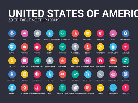 50 united states of america set icons such as 4th of july, albuquerque, america, american civil war, american football, american native, bake, washington monument, blessings. simple modern isolated
