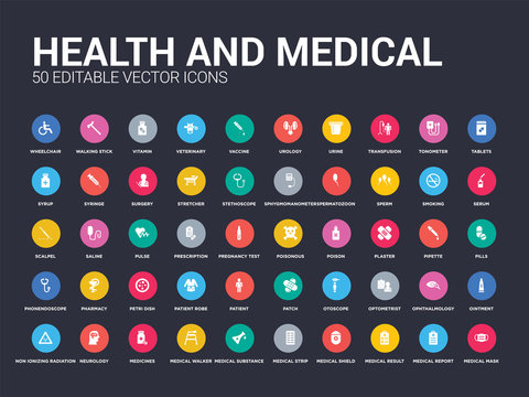 50 Health And Medical Set Icons Such As Medical Mask, Medical Report, Result, Shield, Strip, Substance, Walker, Medicines, Neurology. Simple Modern Isolated Vector Icons Can Be Use For Web Mobile