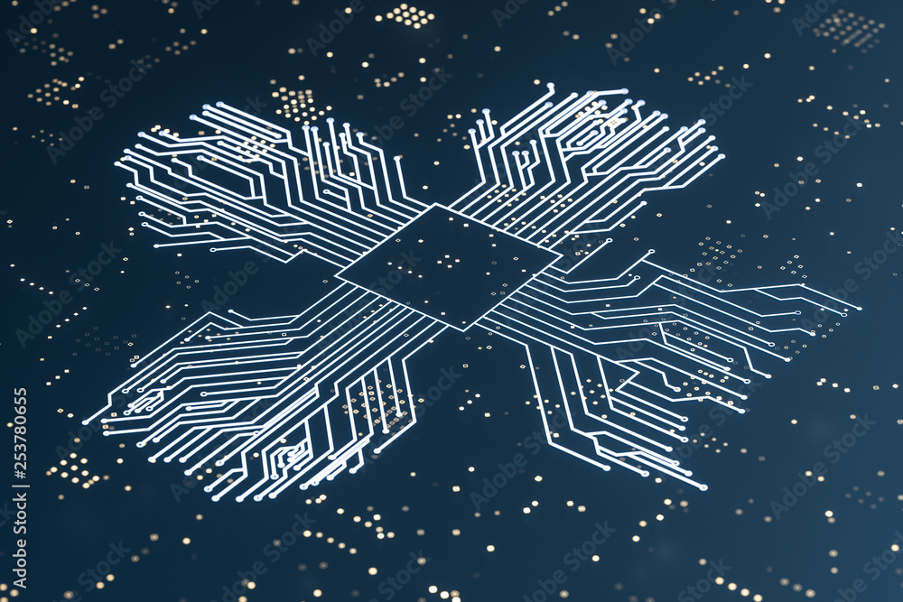 Poster golden glowing circuit components, 3d rendering