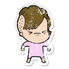 distressed sticker of a cartoon annoyed hipster girl