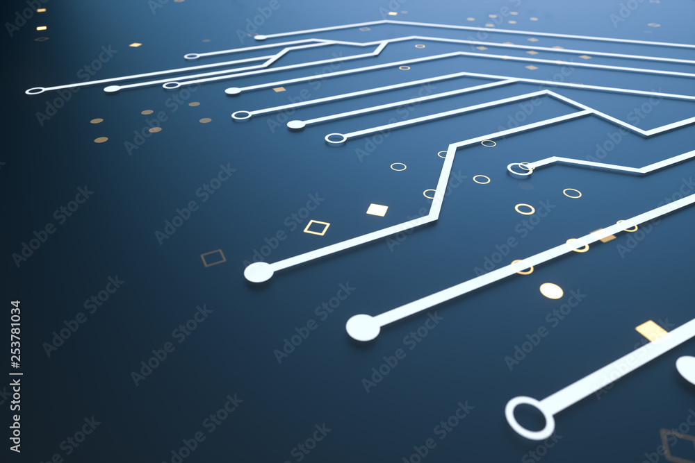 Poster golden glowing circuit components, 3d rendering